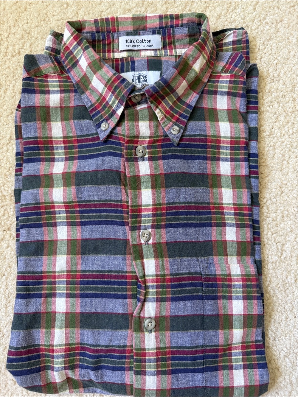 Brand new!!! J Press Men's Button-Down Plaid Cotton Shirt size L 100% cotton